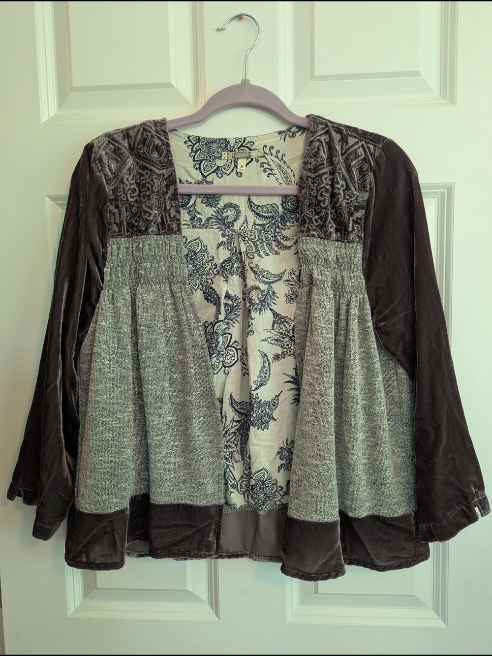 BKE Boho Velvet & Knit Open Cardigan - Brown & Cream